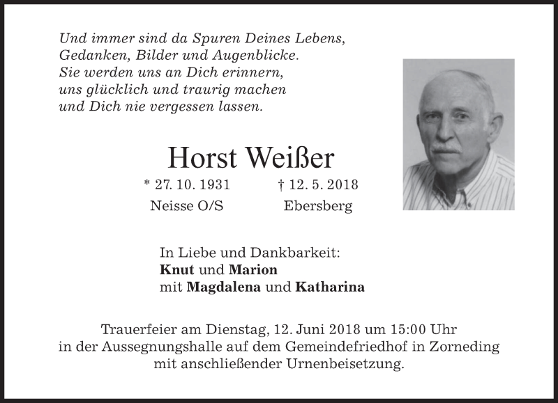  Traueranzeige für Horst Weißer vom 02.06.2018 aus merkurtz