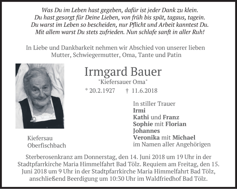  Traueranzeige für Irmgard Bauer vom 13.06.2018 aus merkurtz