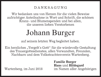 Traueranzeige von Johann Burger von merkurtz