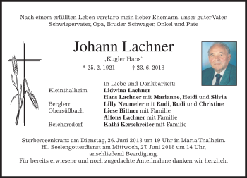 Traueranzeige von Johann Lachner von merkurtz