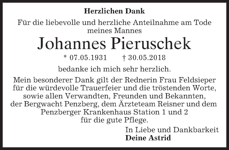  Traueranzeige für Johannes Pieruschek vom 30.06.2018 aus merkurtz