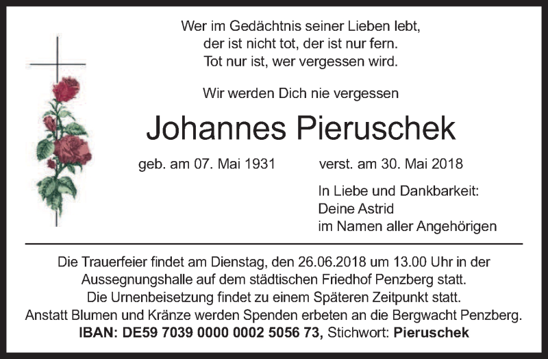  Traueranzeige für Johannes Pieruschek vom 23.06.2018 aus merkurtz