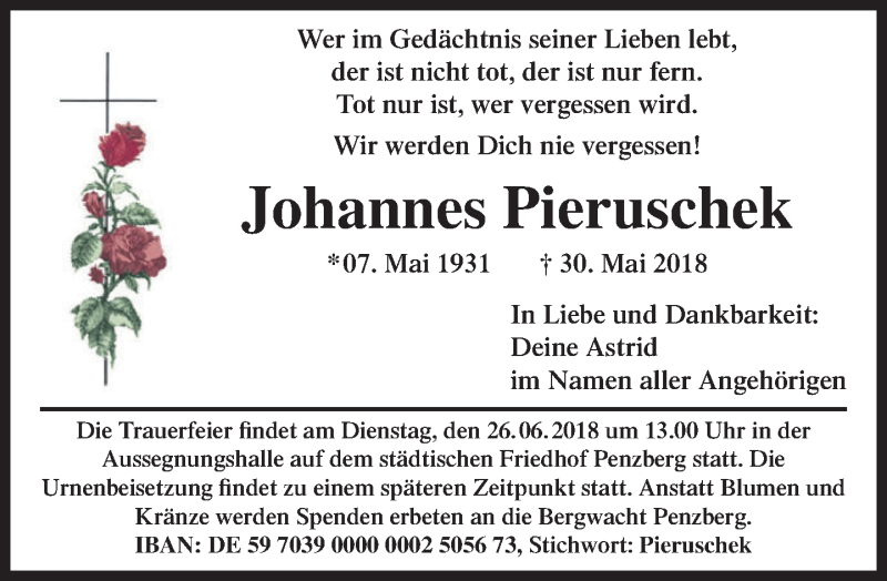  Traueranzeige für Johannes Pieruschek vom 23.06.2018 aus Das Gelbe Blatt Penzberg