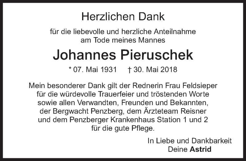  Traueranzeige für Johannes Pieruschek vom 30.06.2018 aus Das Gelbe Blatt Penzberg
