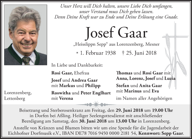  Traueranzeige für Josef Gaar vom 28.06.2018 aus merkurtz