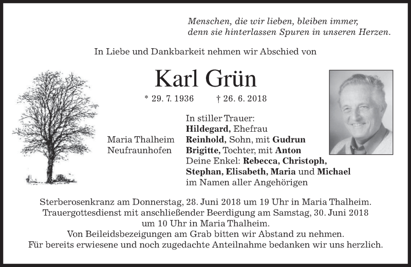 Traueranzeige für Karl Grün vom 27.06.2018 aus merkurtz