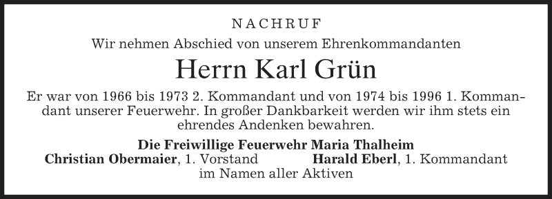  Traueranzeige für Karl Grün vom 29.06.2018 aus merkurtz