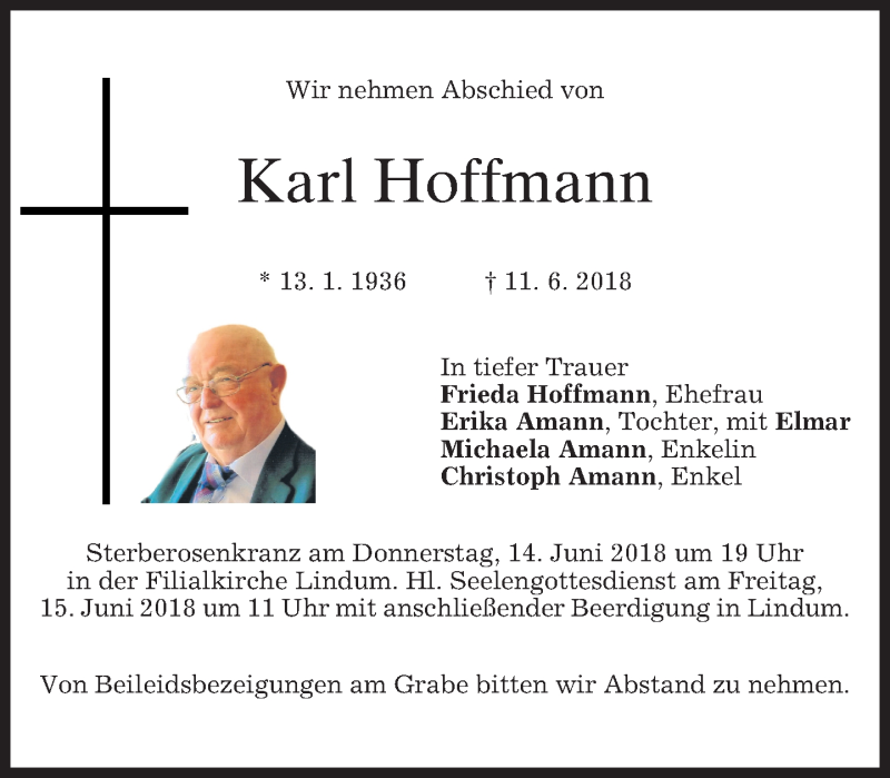  Traueranzeige für Karl Hoffmann vom 13.06.2018 aus merkurtz