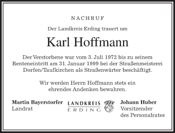 Traueranzeige von Karl Hoffmann von merkurtz
