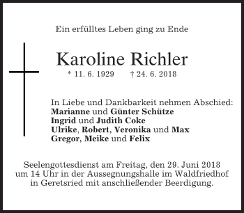 Traueranzeige von Karoline Richler von merkurtz