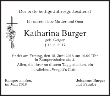 Traueranzeige von Katharina Burger von merkurtz