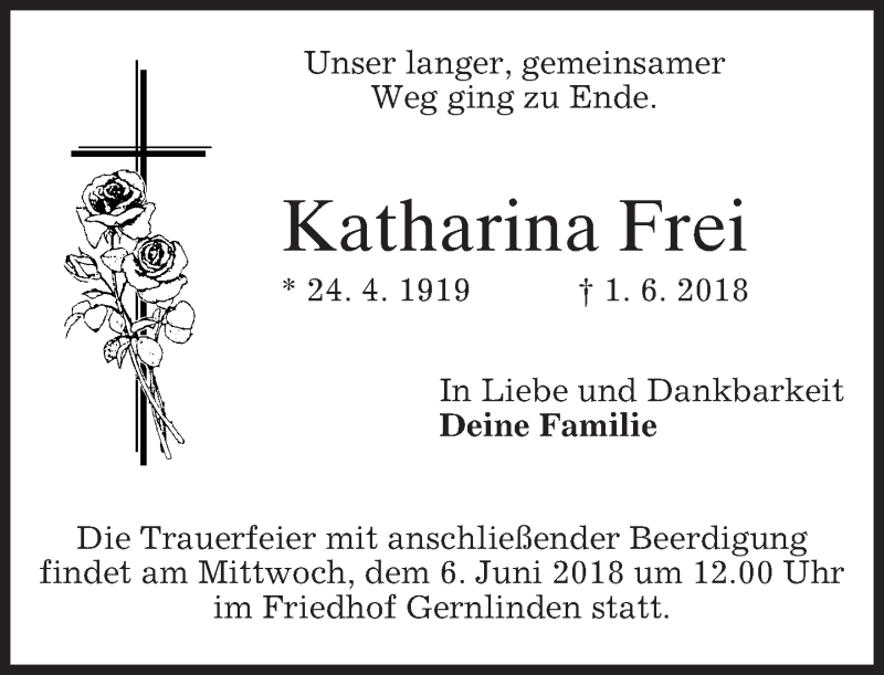  Traueranzeige für Katharina Frei vom 02.06.2018 aus merkurtz