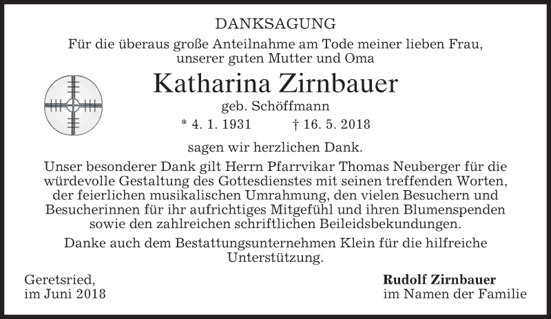  Traueranzeige für Katharina Zirnbauer vom 09.06.2018 aus merkurtz