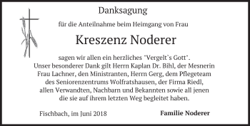 Traueranzeige von Kreszenz Noderer von merkurtz