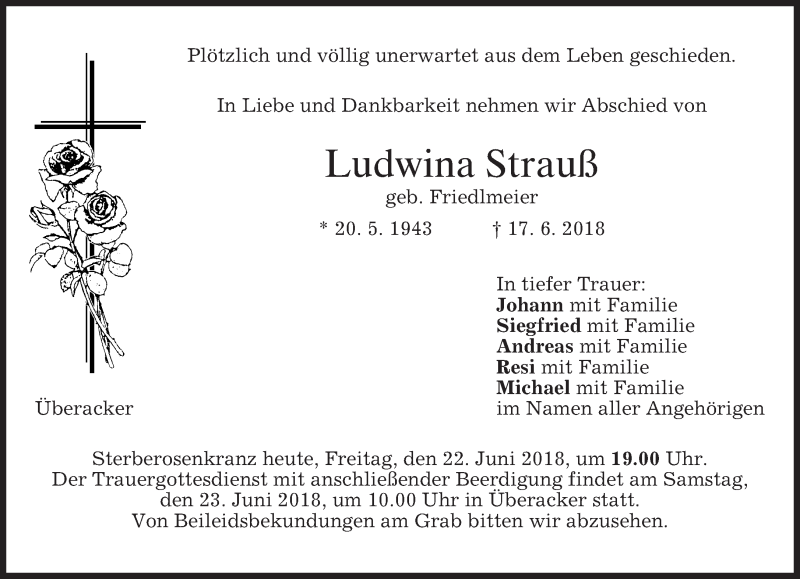  Traueranzeige für Ludwina Strauß vom 22.06.2018 aus merkurtz