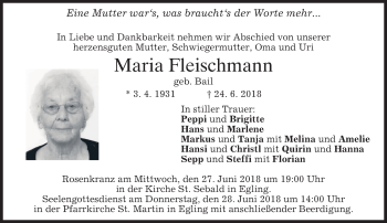 Traueranzeige von Maria Fleischmann von merkurtz