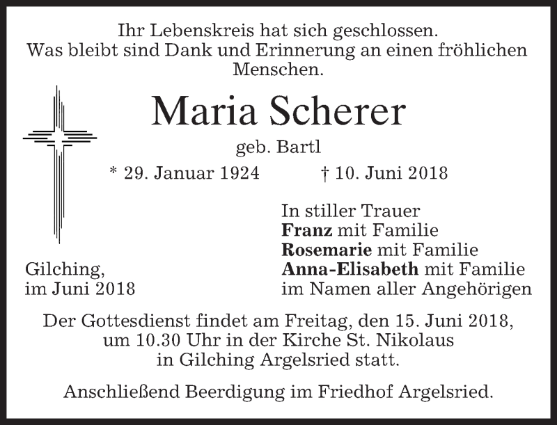  Traueranzeige für Maria Scherer vom 12.06.2018 aus merkurtz