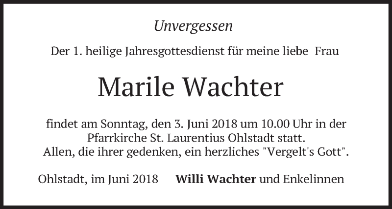  Traueranzeige für Marile Wachter vom 01.06.2018 aus merkurtz