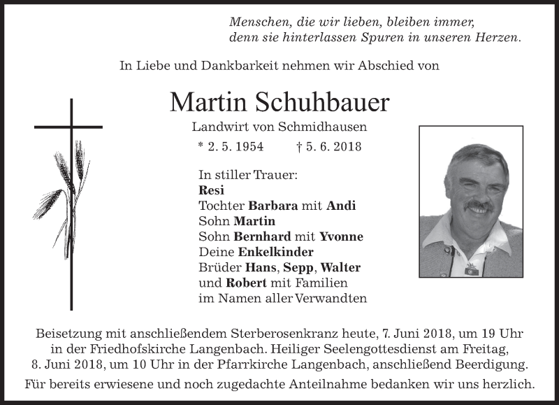  Traueranzeige für Martin Schuhbauer vom 07.06.2018 aus merkurtz