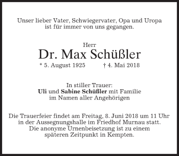 Traueranzeige von Max Schüßler von merkurtz