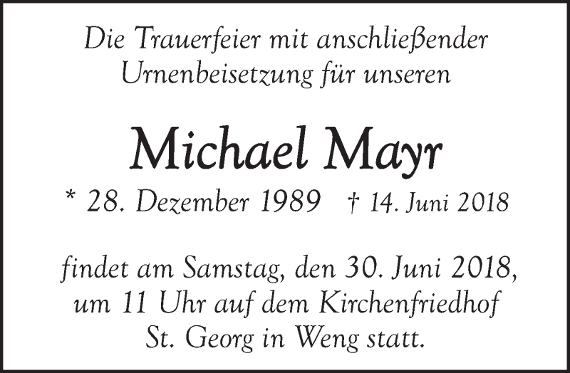  Traueranzeige für Michael Mayr vom 26.06.2018 aus merkurtz