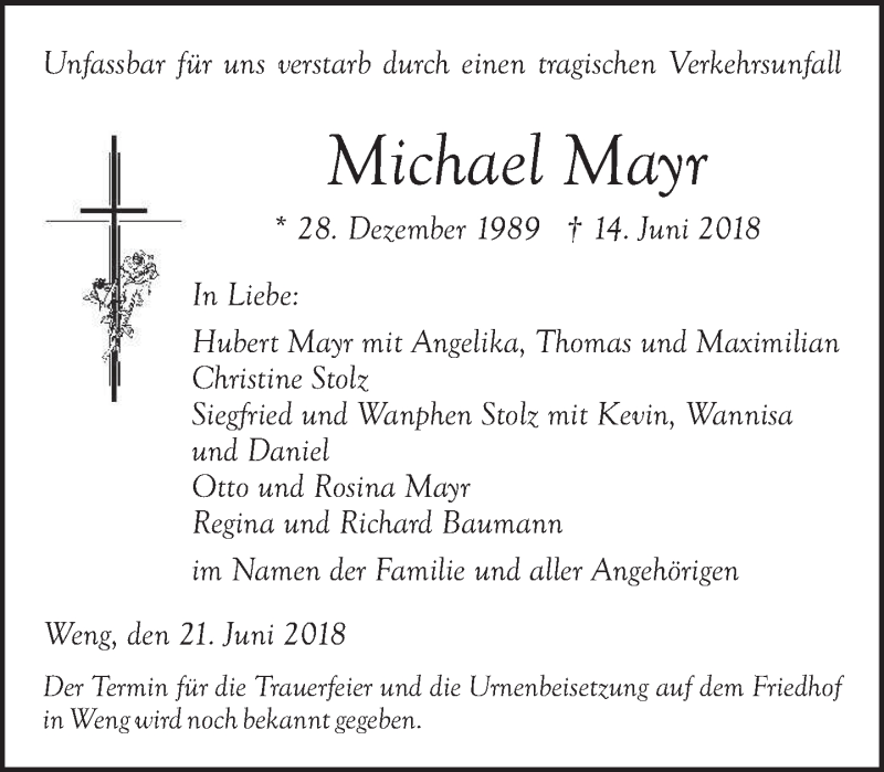  Traueranzeige für Michael Mayr vom 21.06.2018 aus merkurtz