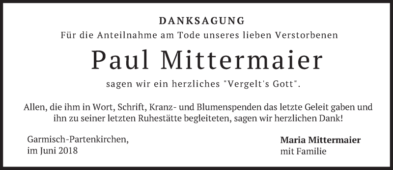  Traueranzeige für Paul Mittermaier vom 30.06.2018 aus merkurtz