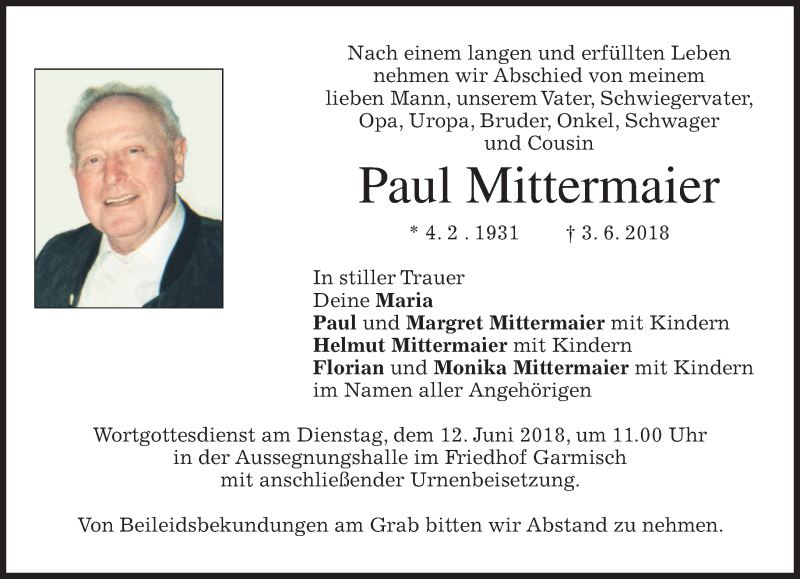  Traueranzeige für Paul Mittermaier vom 09.06.2018 aus merkurtz