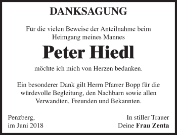Traueranzeige von Peter Hiedl von Das Gelbe Blatt Penzberg
