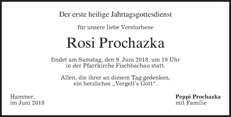  Traueranzeige für Rosi Prochazka vom 07.06.2018 aus merkurtz