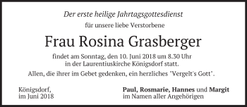 Traueranzeige von Rosina Grasberger von merkurtz
