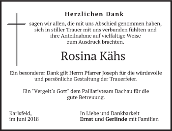 Traueranzeige von Rosina Kähs von merkurtz