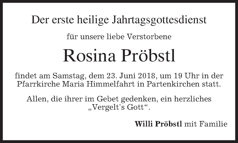  Traueranzeige für Rosina Pröbstl vom 09.06.2018 aus merkurtz