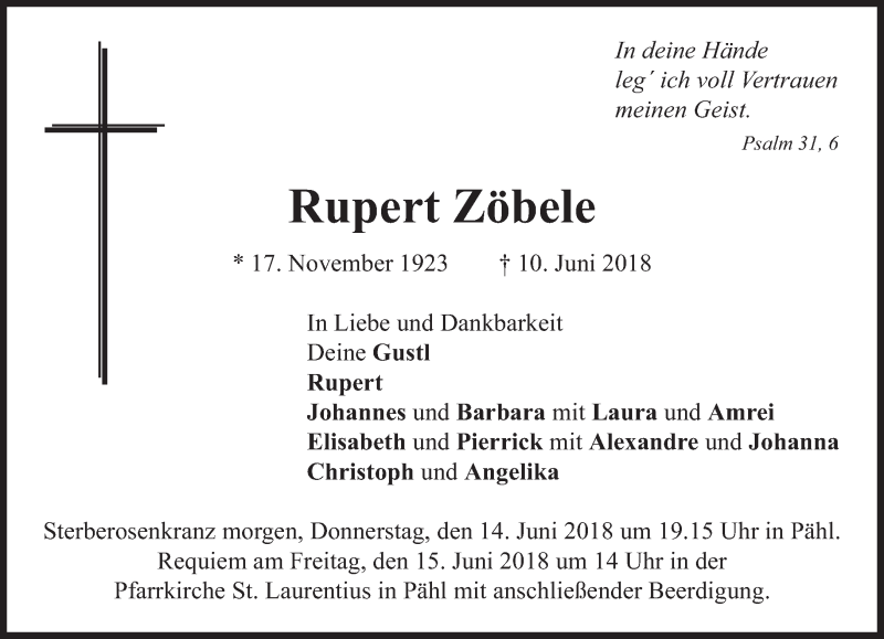  Traueranzeige für Rupert Zöbele vom 13.06.2018 aus merkurtz