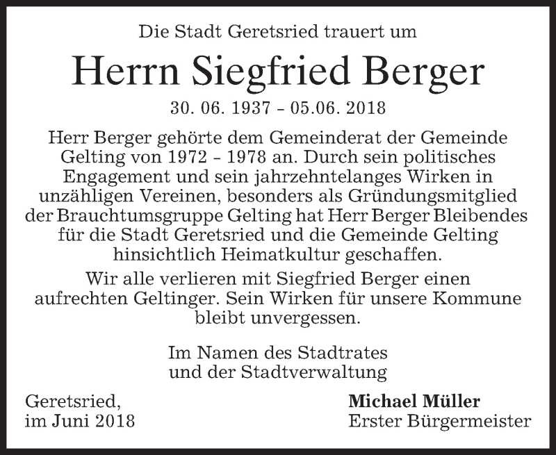  Traueranzeige für Siegfried Berger vom 08.06.2018 aus merkurtz