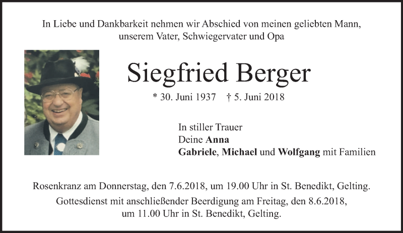 Traueranzeige für Siegfried Berger vom 07.06.2018 aus merkurtz