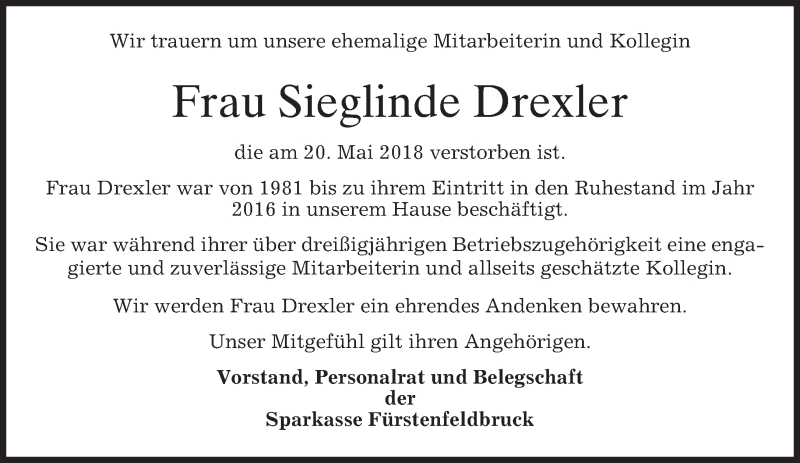  Traueranzeige für Sieglinde Drexler vom 19.06.2018 aus merkurtz
