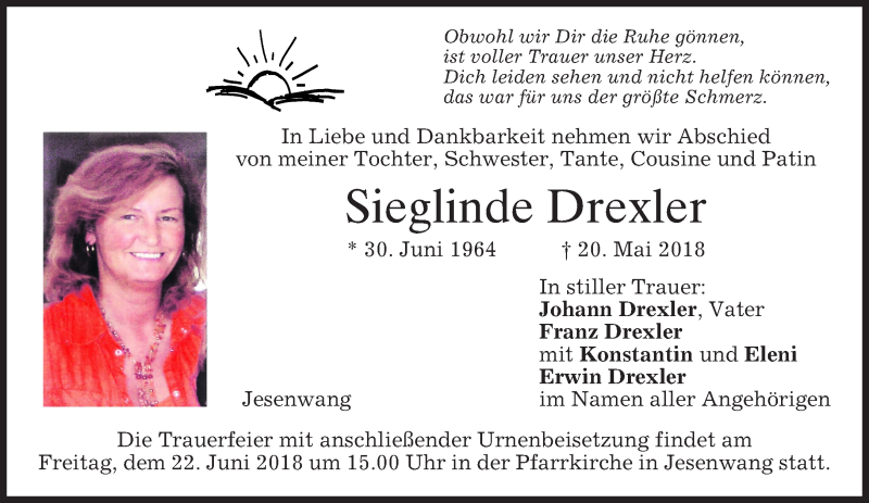  Traueranzeige für Sieglinde Drexler vom 18.06.2018 aus merkurtz