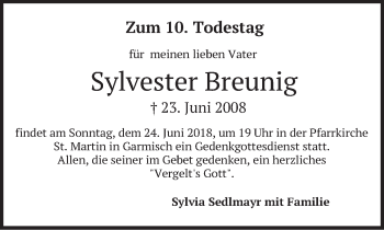 Traueranzeige von Sylvester Breunig von merkurtz