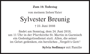 Traueranzeige von Sylvester Breunig von merkurtz