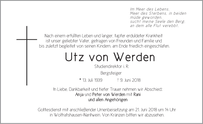  Traueranzeige für Utz von Werden vom 16.06.2018 aus merkurtz