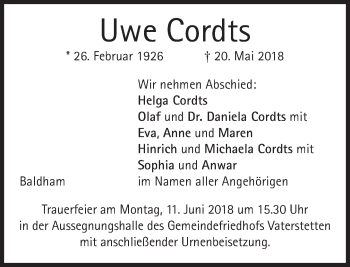 Traueranzeige von Uwe Cordts von merkurtz
