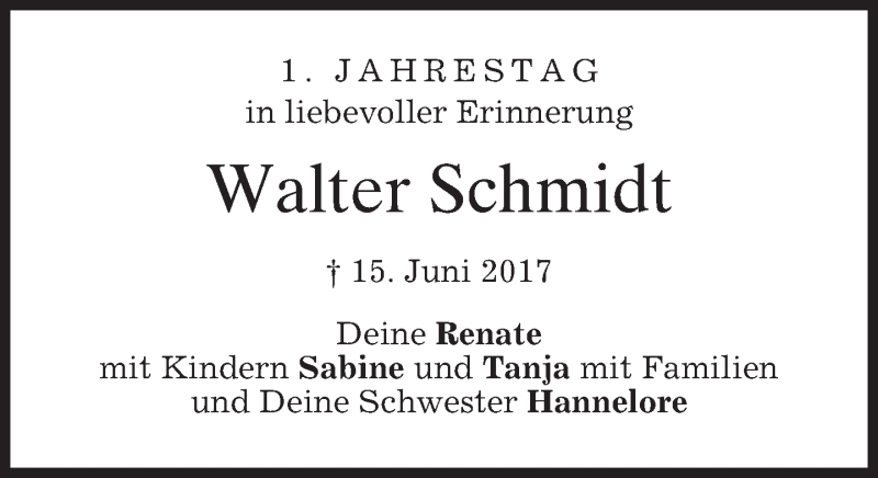  Traueranzeige für Walter Schmidt vom 15.06.2018 aus merkurtz