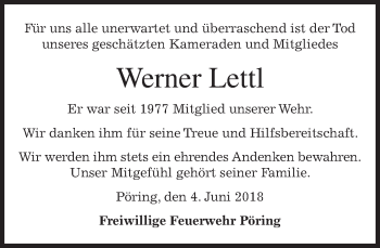 Traueranzeige von Werner Lettl von merkurtz