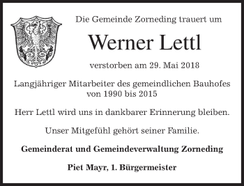 Traueranzeige von Werner Lettl von merkurtz