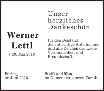 Traueranzeige von Werner Lettl von merkurtz