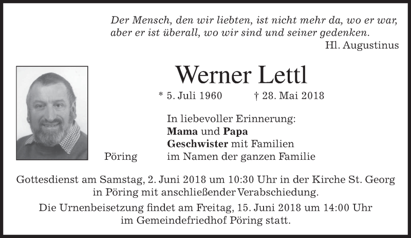  Traueranzeige für Werner Lettl vom 01.06.2018 aus merkurtz