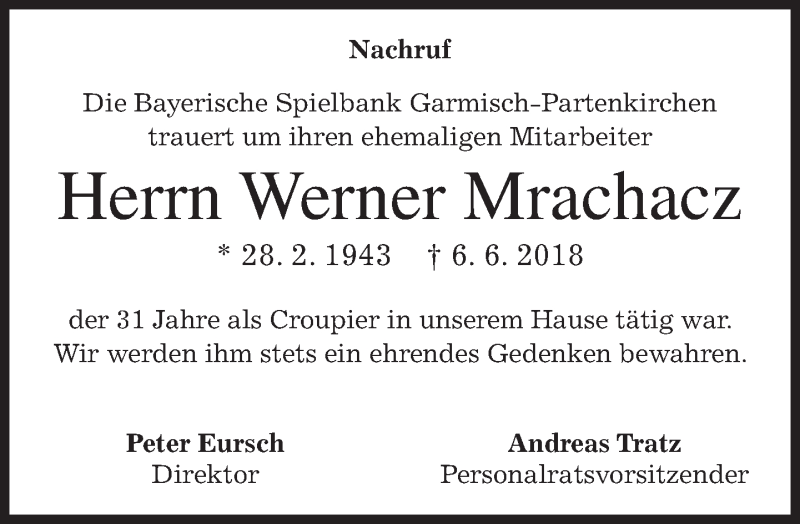  Traueranzeige für Werner Mrachacz vom 16.06.2018 aus merkurtz