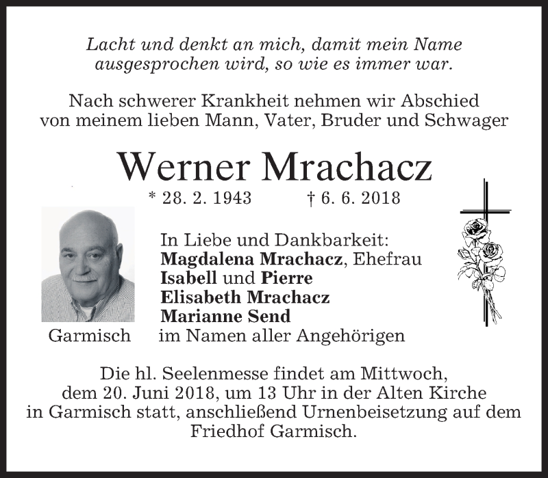  Traueranzeige für Werner Mrachacz vom 16.06.2018 aus merkurtz