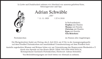 Traueranzeige von Adrian Schwäble von merkurtz